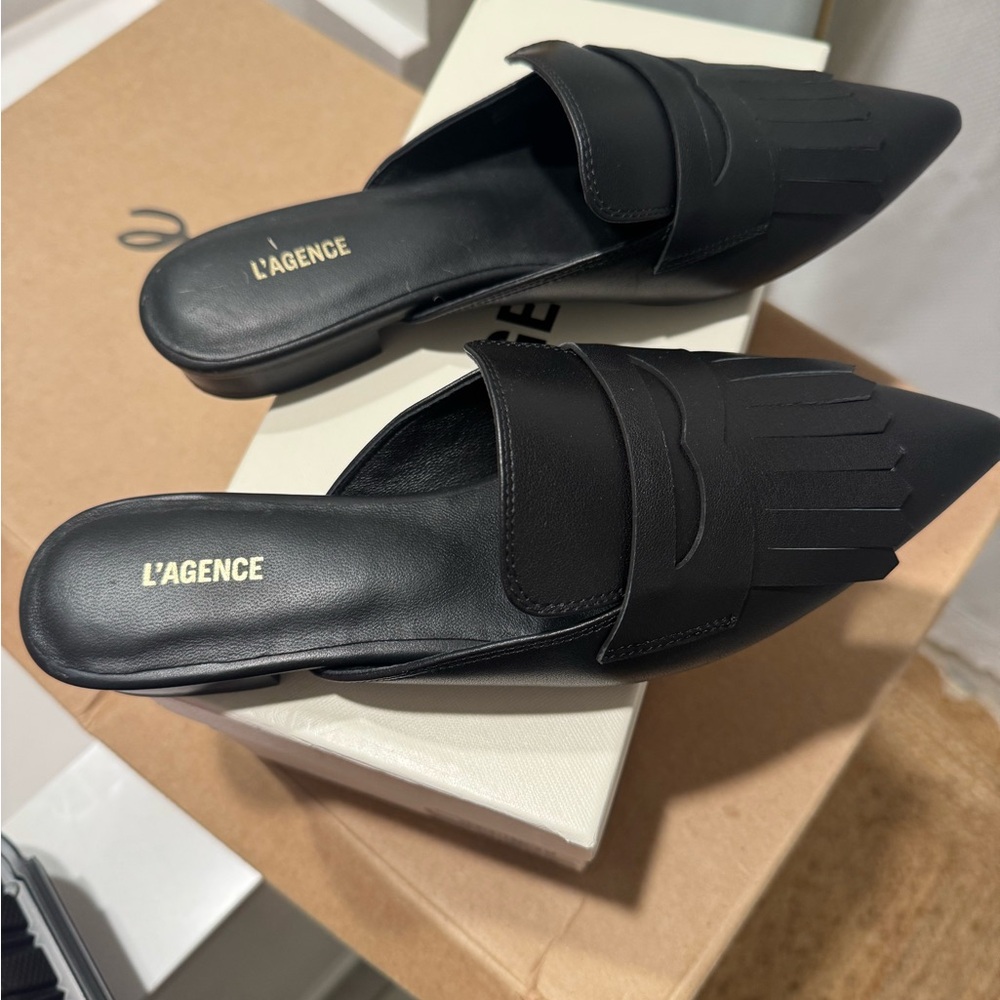 L'AGENCE Black Fringe Detail Mules